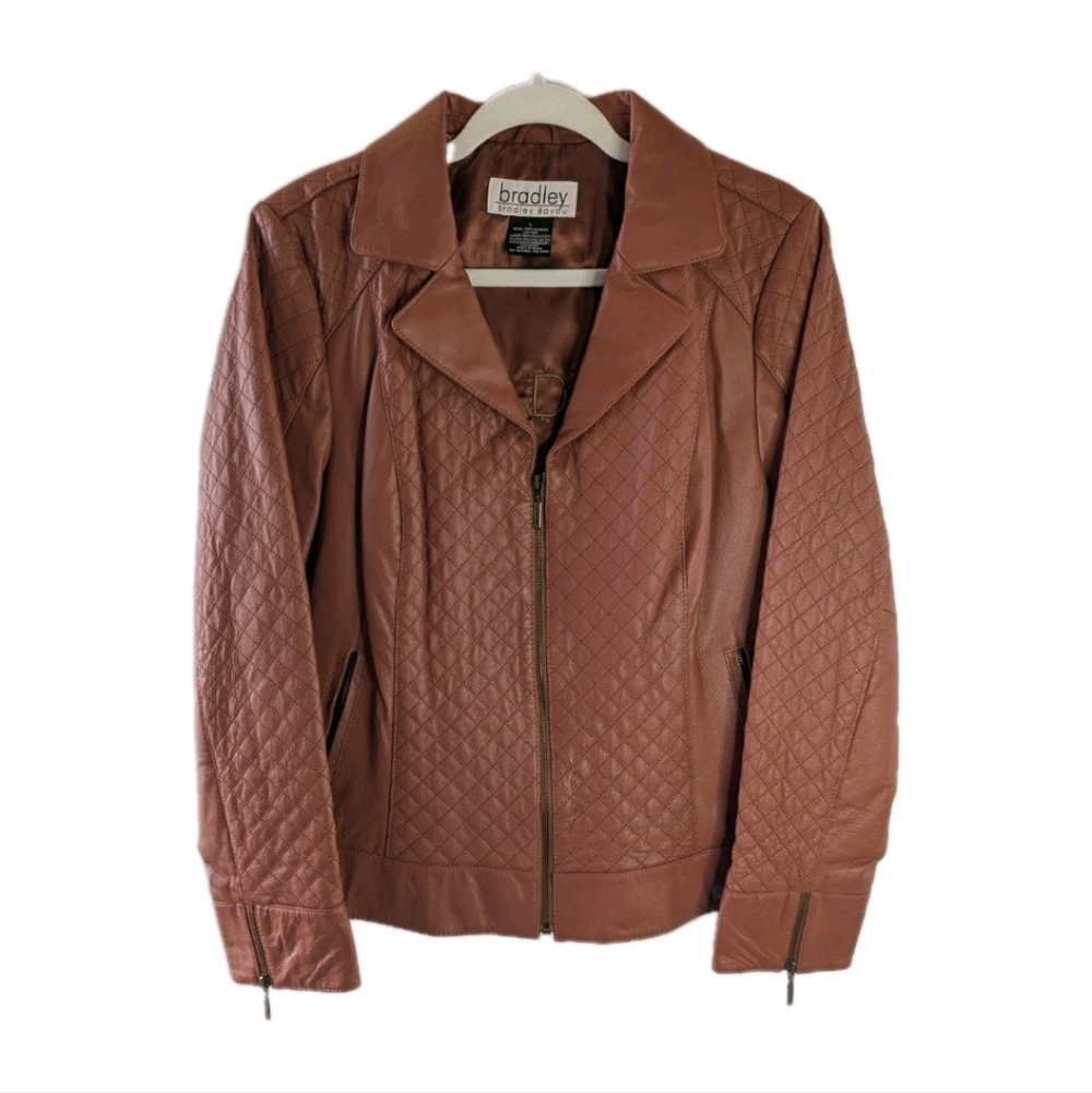 Bradley Bayou Women's L Quilted Full Zip Leather Jacket Rust Orange